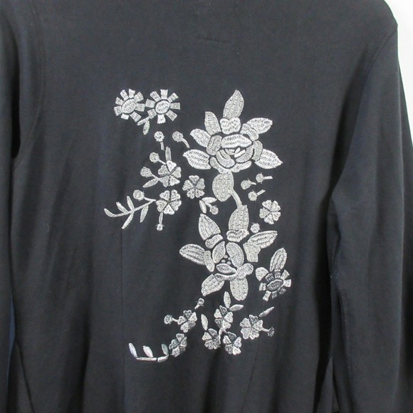 Vintage Lucky Brand Cardigan Women L Black Cotton Floral Embroidered Boho 450 - Picture 4 of 8